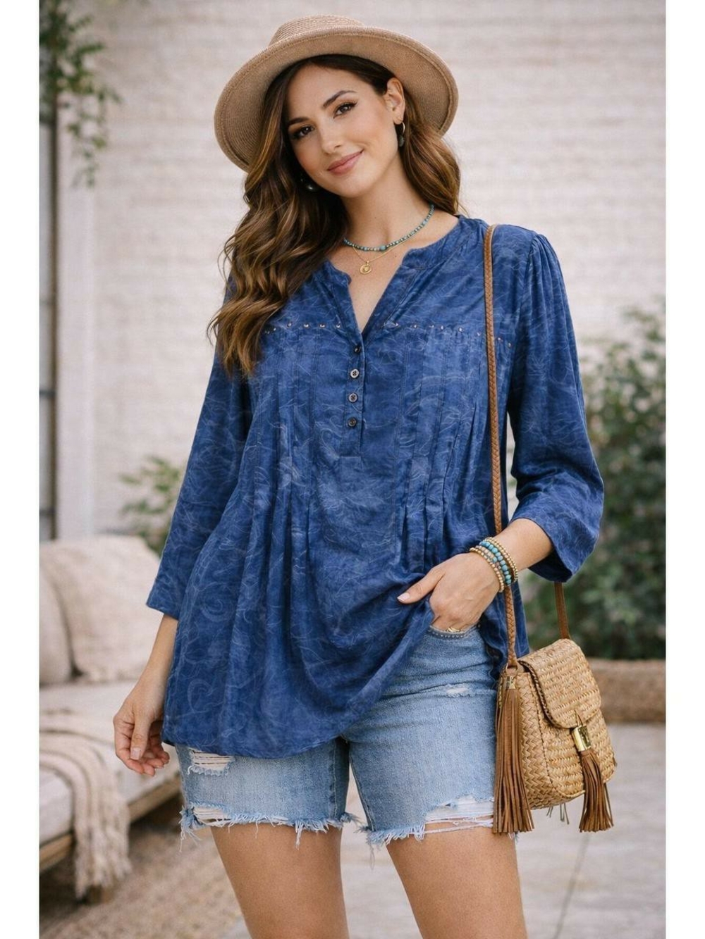 Women's Dark Navy Blue V-Neck Button Tunic Top